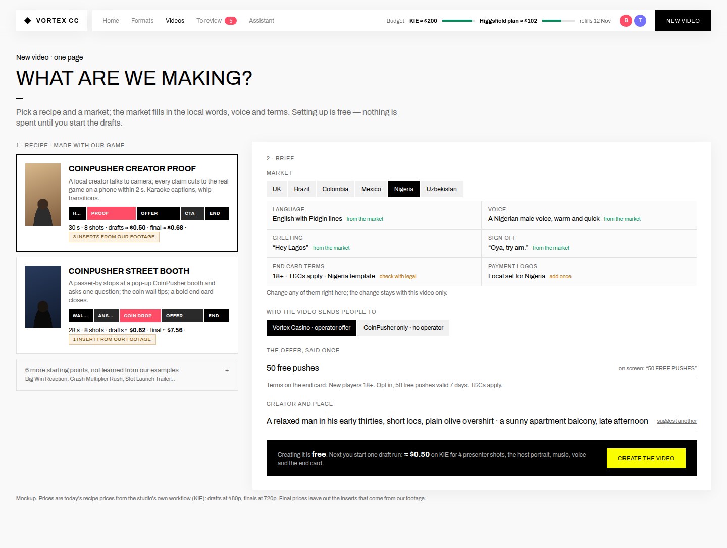 Mockup: recipe cards with prices on the left, a brief with a market switch on the right