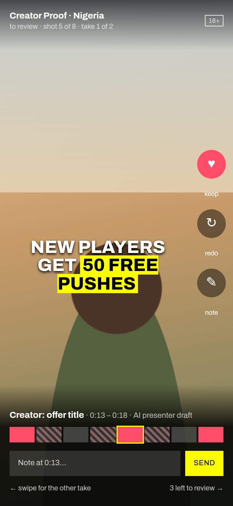 Mockup: a full-screen 9:16 take with keep, redo and note buttons and a timeline of the 8 shots
