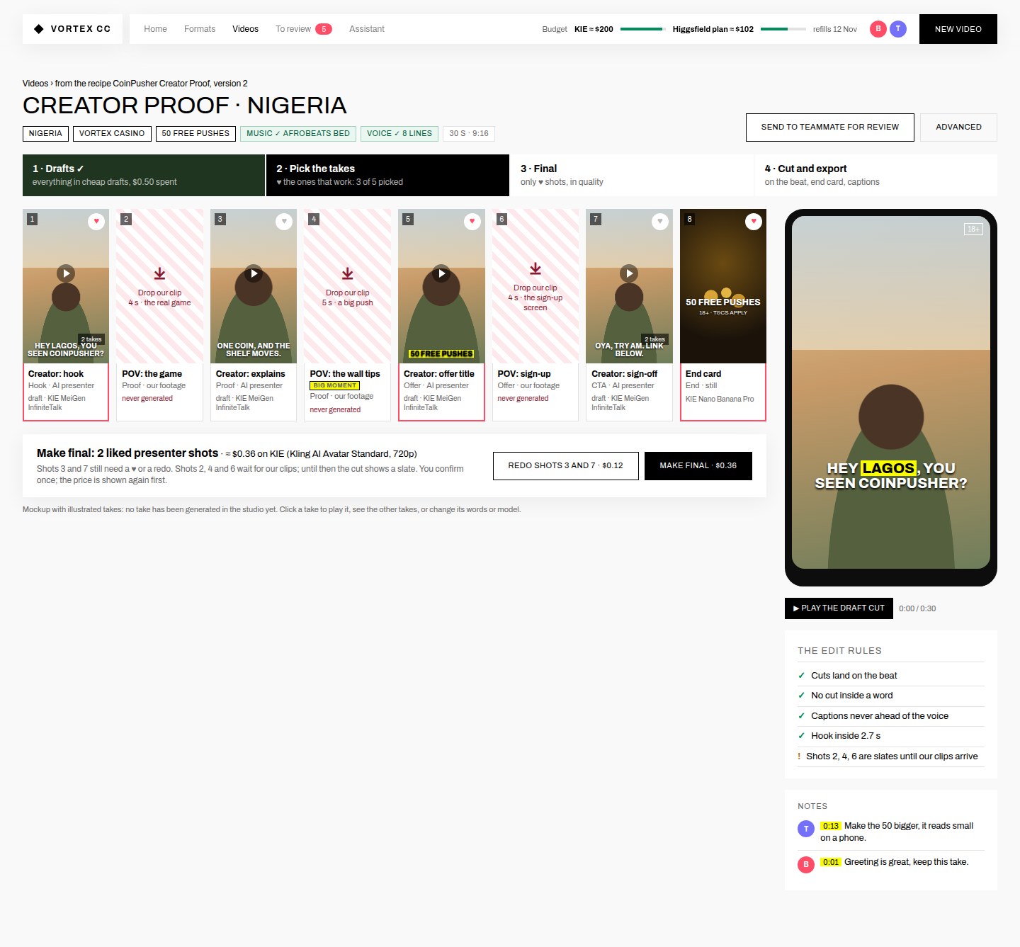 Mockup: eight 9:16 shot cards in a row, a phone preview, one Make final button with the price