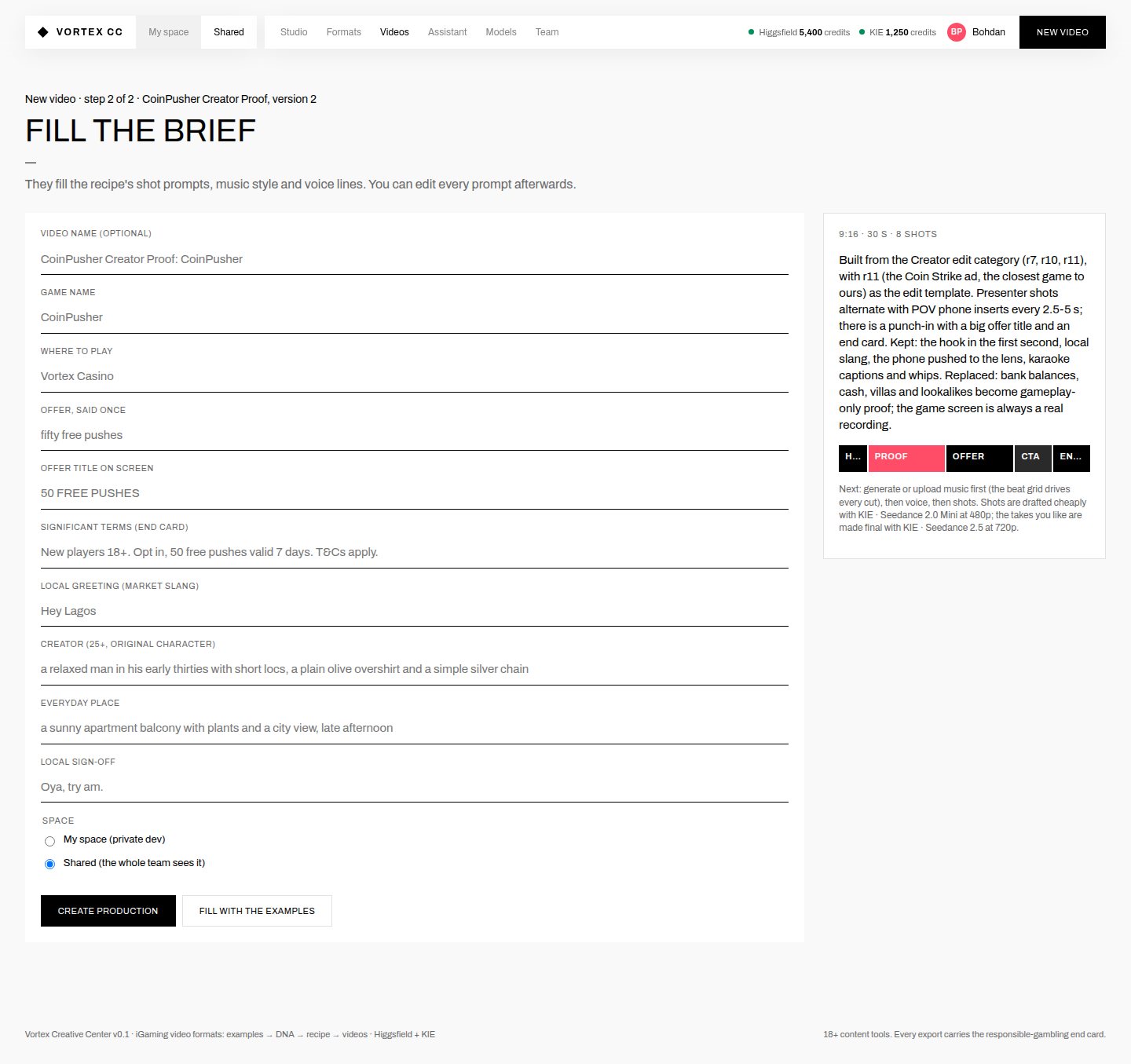 Current brief form with ten fields and a Create production button