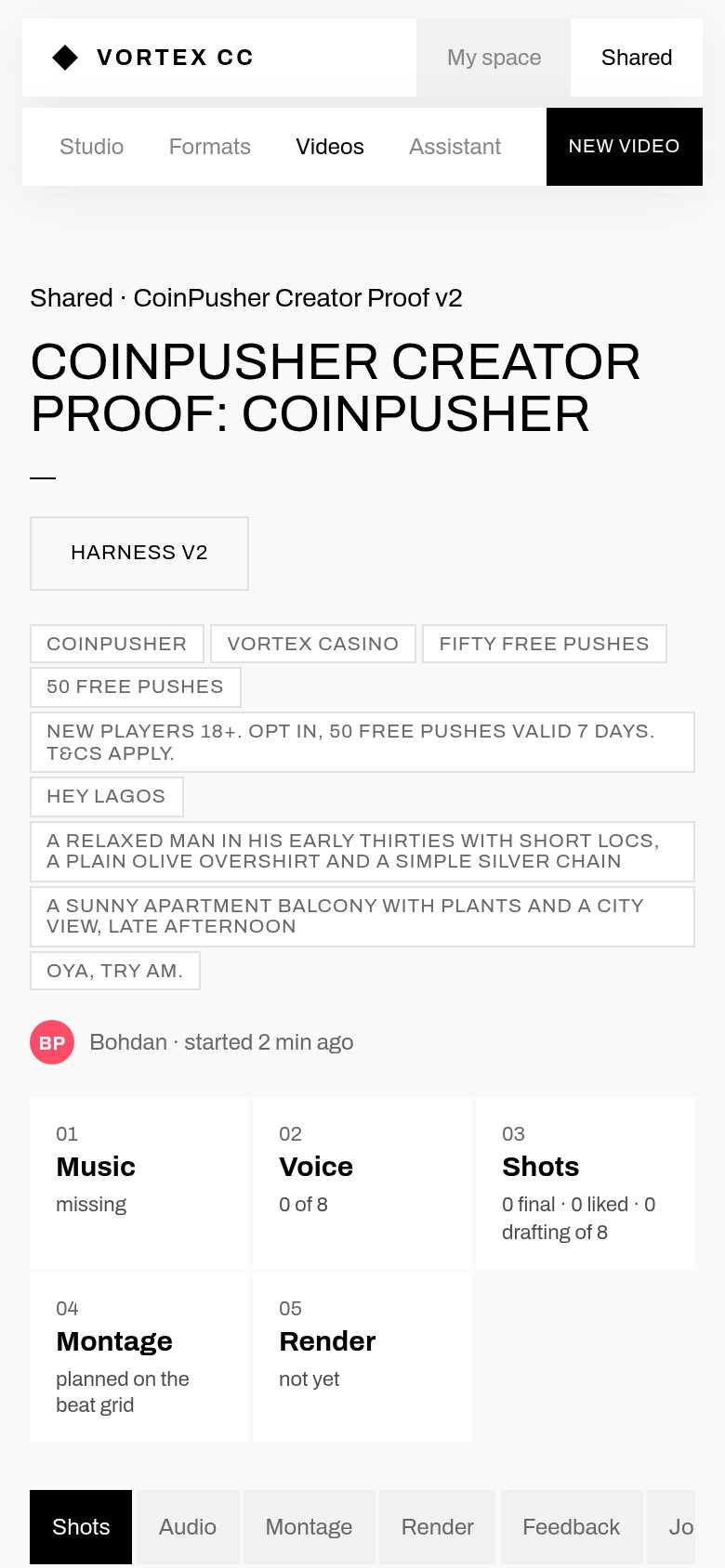 Current video page on a phone: a full screen of menu, title and chips before any shot