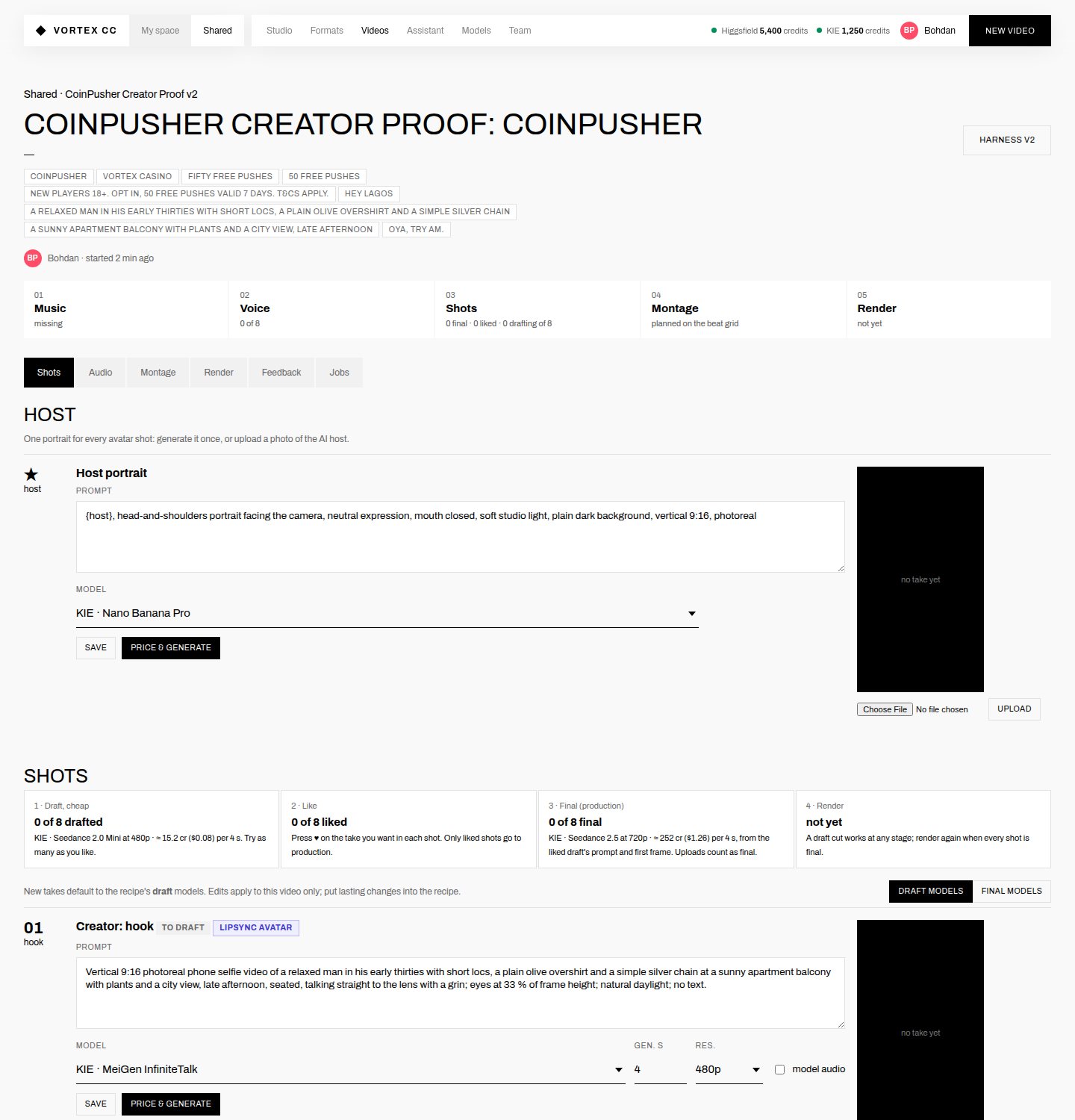 Current video page: a long form with one prompt box and one Price and generate button per shot