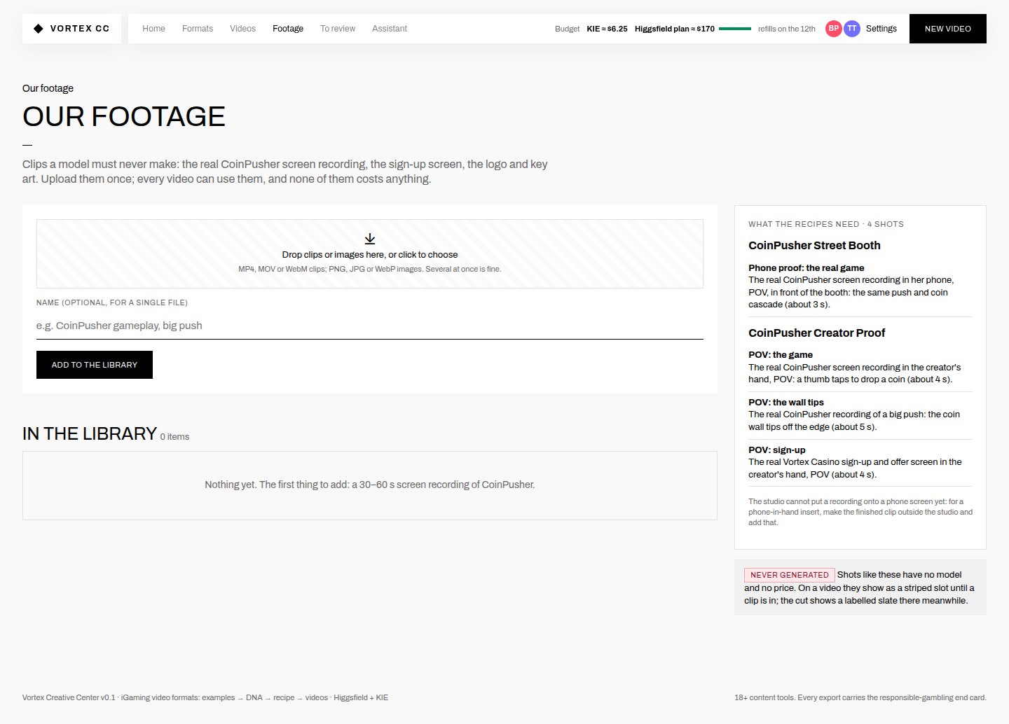 Built: The footage library: upload once, every video uses it; it lists what each recipe