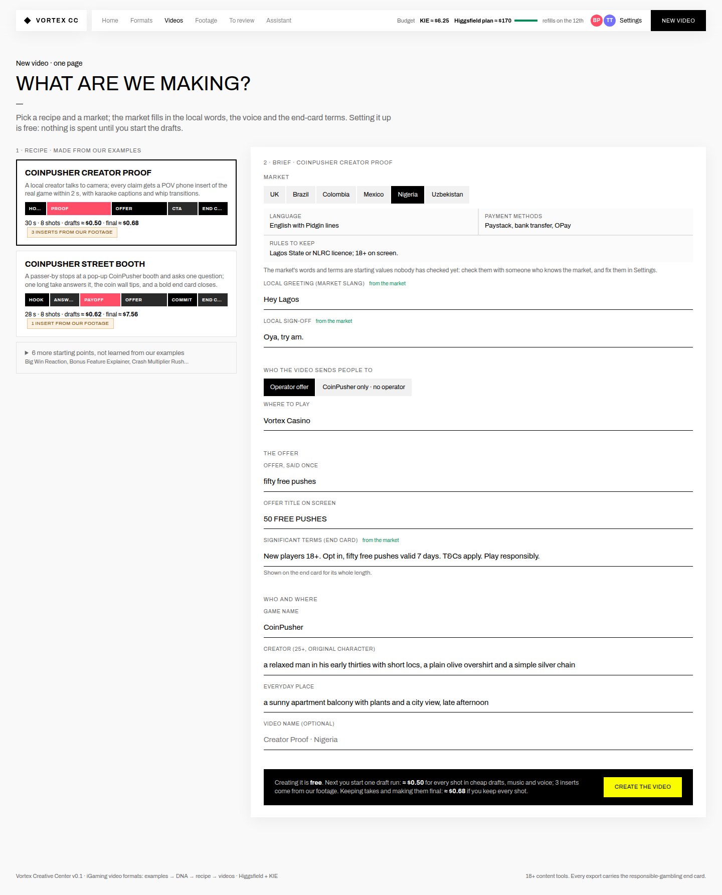 Built: One page: Creator Proof (≈ $0.50 drafts, ≈ $0.68 final, 3 inserts from our foota