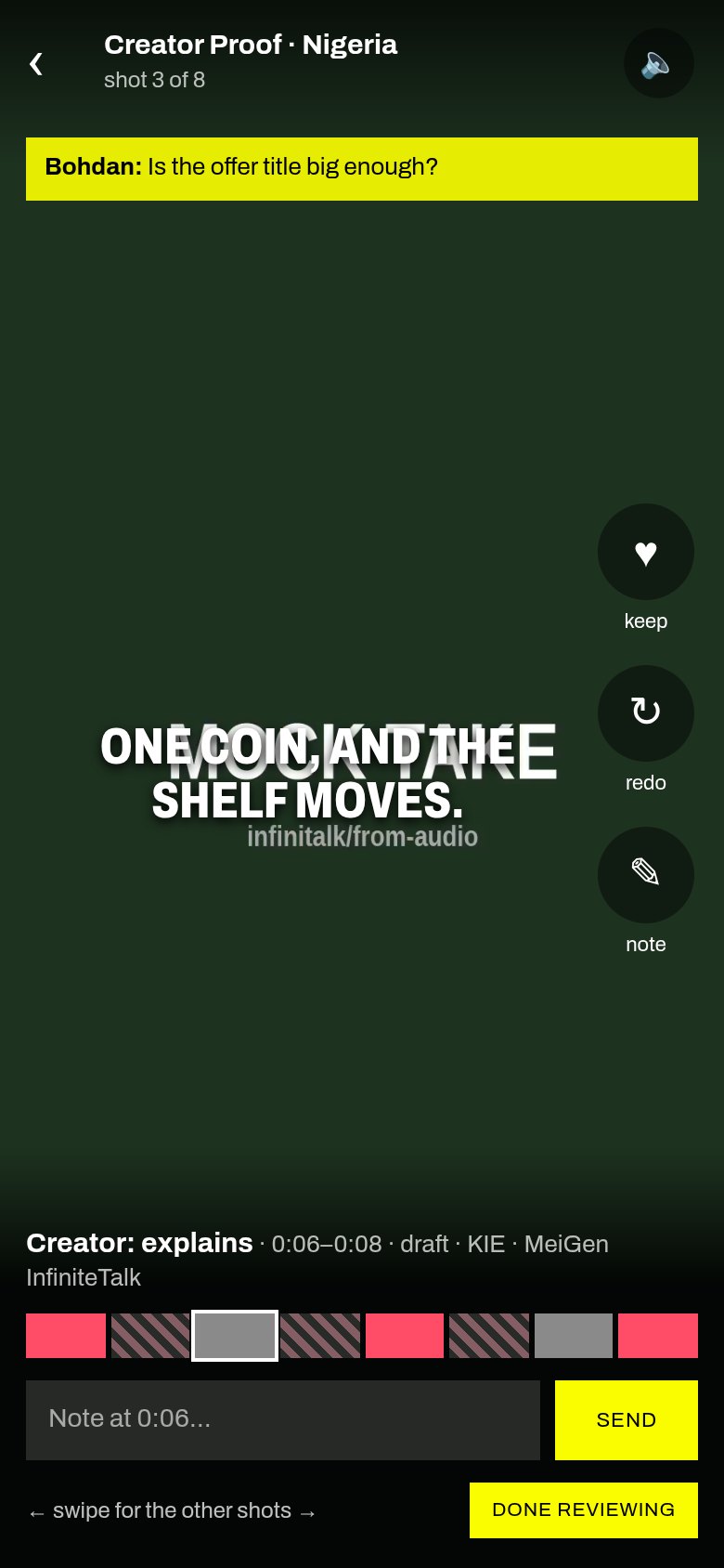 Built: The review page on a phone (390 px): the take full screen, keep / redo / note, t