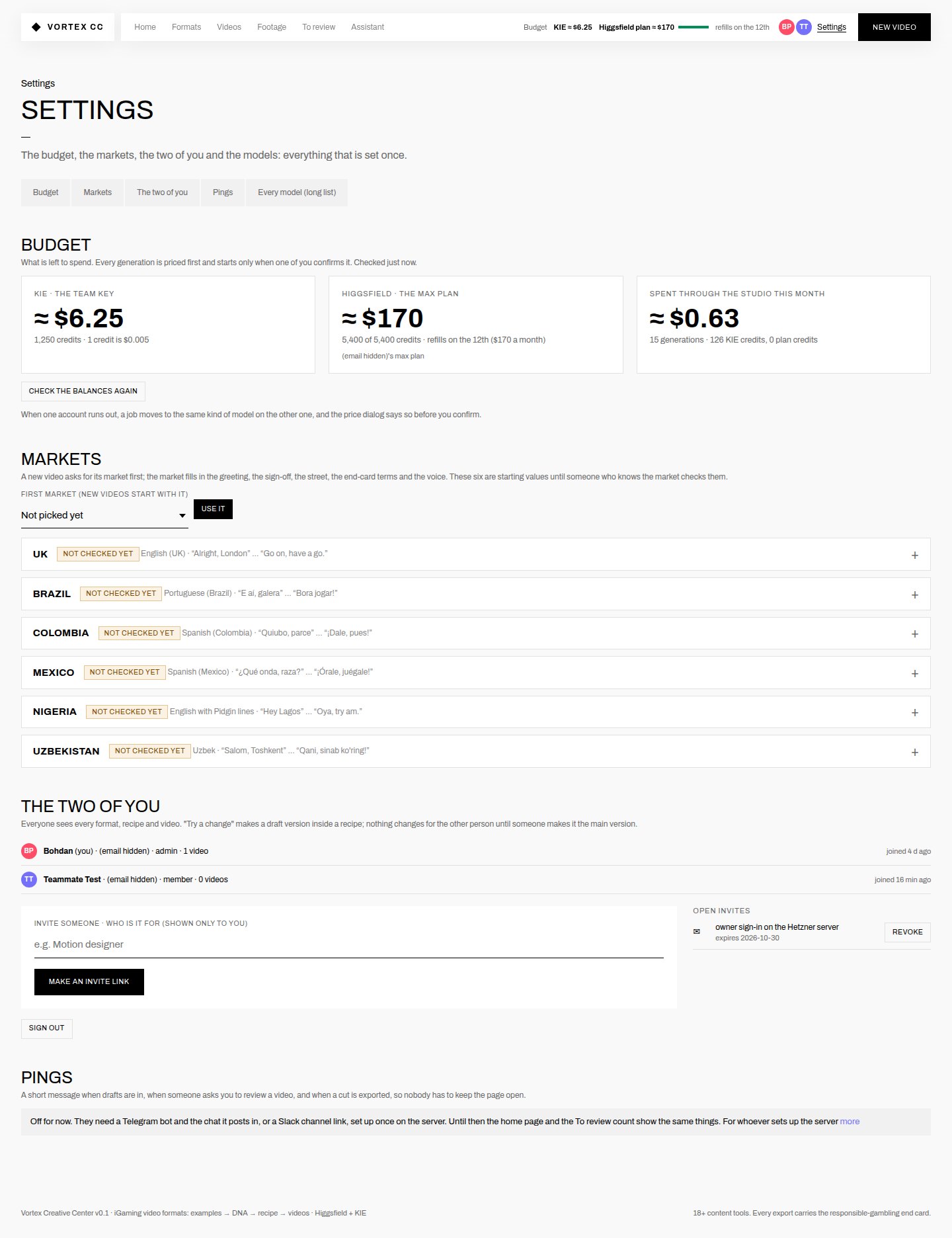 Built: Settings: what is left on KIE and the Higgsfield plan, this month’s spend, the m